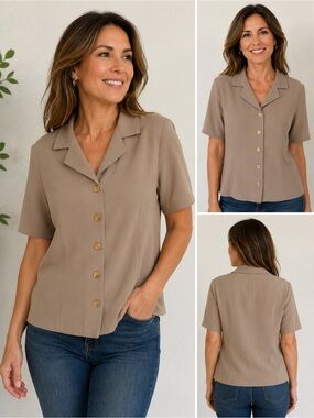 Fitting Image Taupe Button-Front Camp Collar Top Short Sleeve